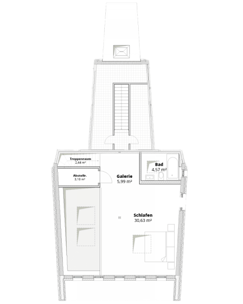 Grundriss mit Galerie/Schlafbereich, Bad und Abstellkammer.