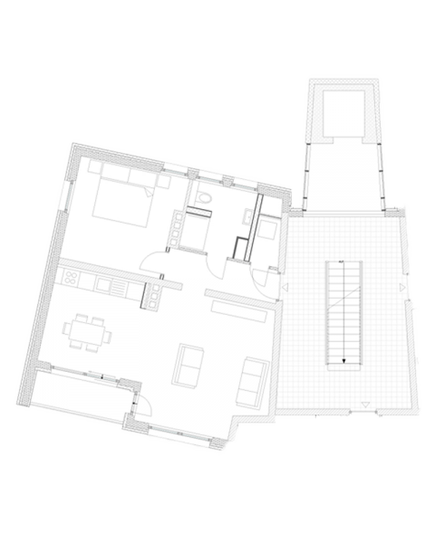 Wohnungsgrundriss mit zwei Zimmern, Küche und Bad, zeigt die Raumaufteilung.