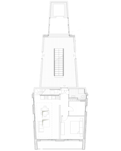 Grundriss des 4. Obergeschosses mit zwei Zimmern, Küche und Bad, zeigt die Raumaufteilung.